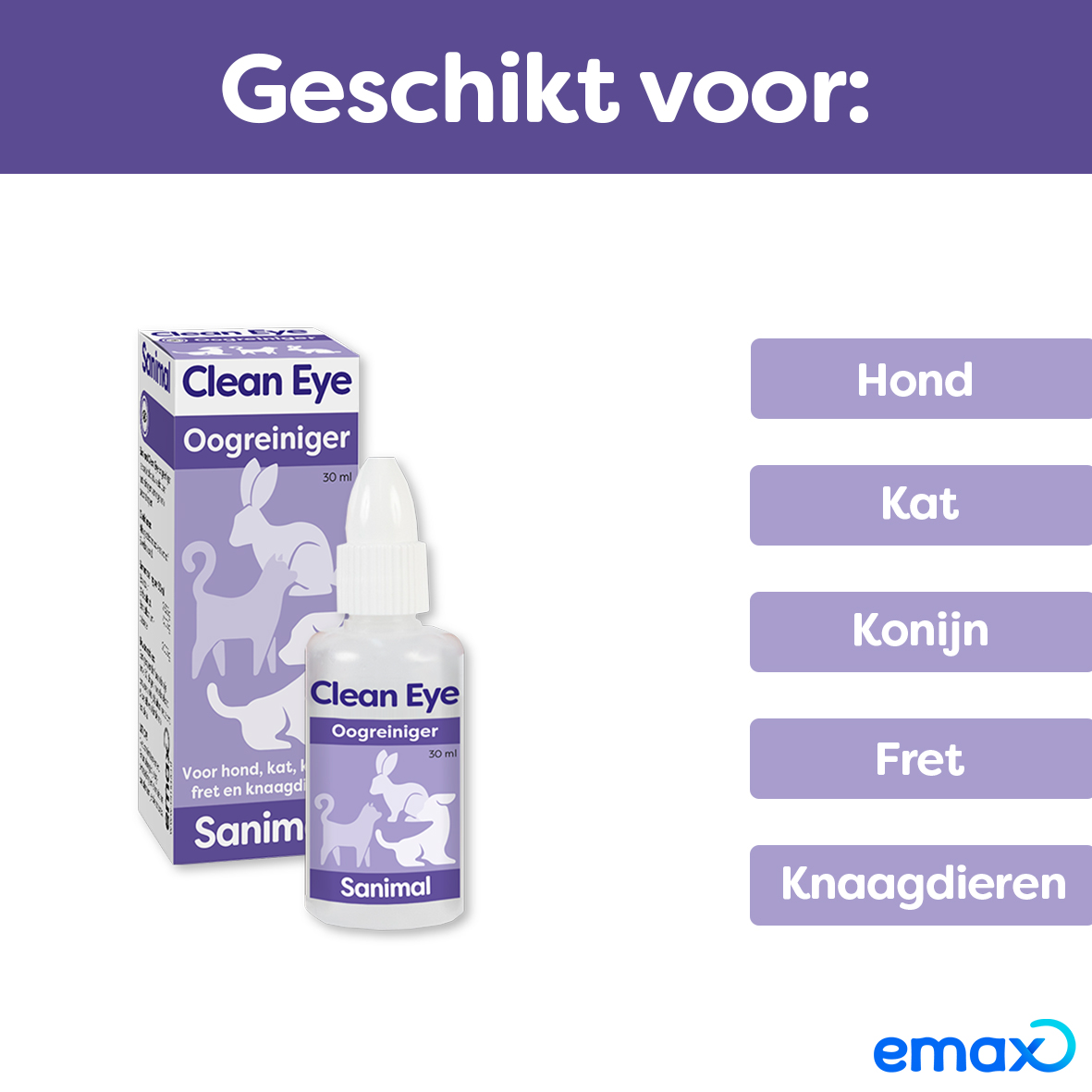 Sanimal Clean Eye Oogreiniger voor hond, kat, konijn en knaagdieren - Emax.nl