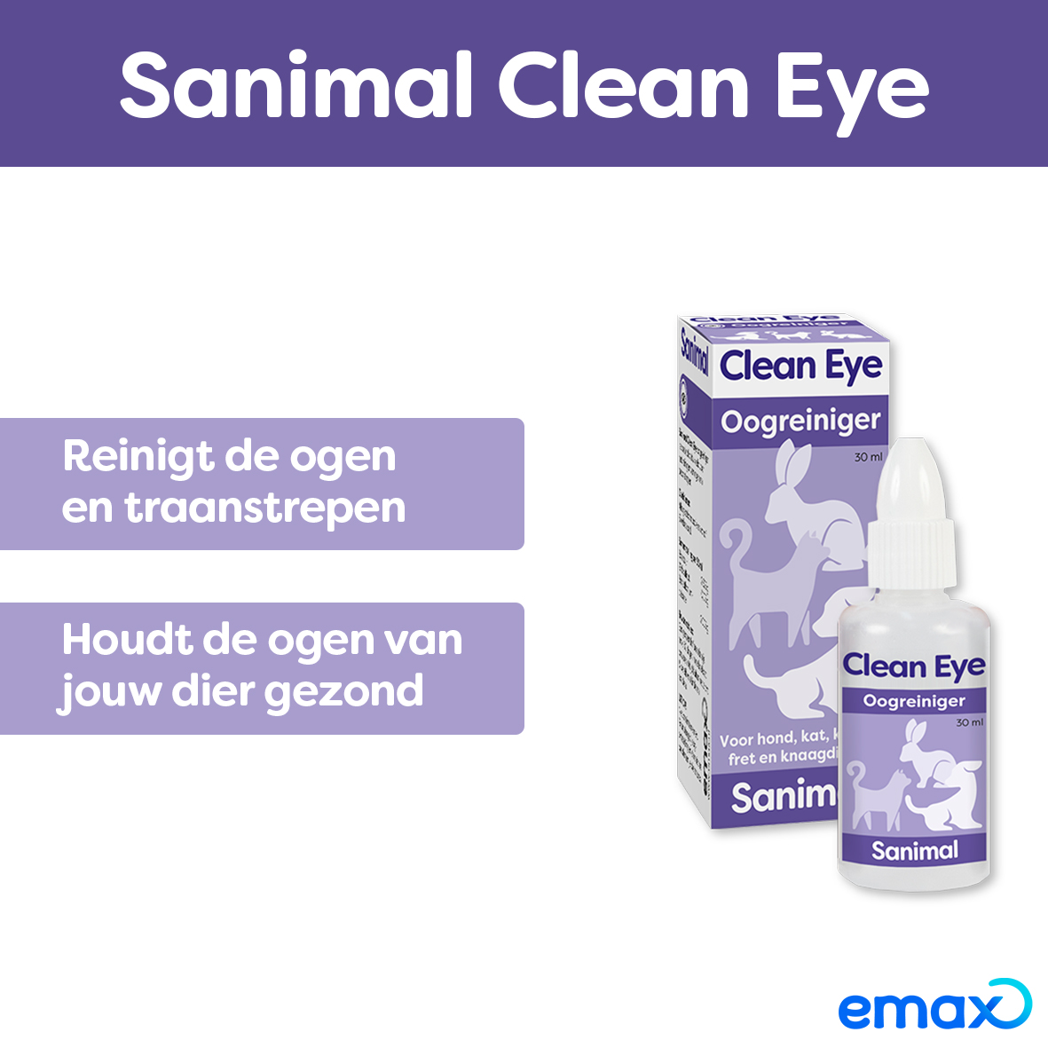 Sanimal Clean Eye Oogreiniger voor hond, kat, konijn en knaagdieren - Emax.nl