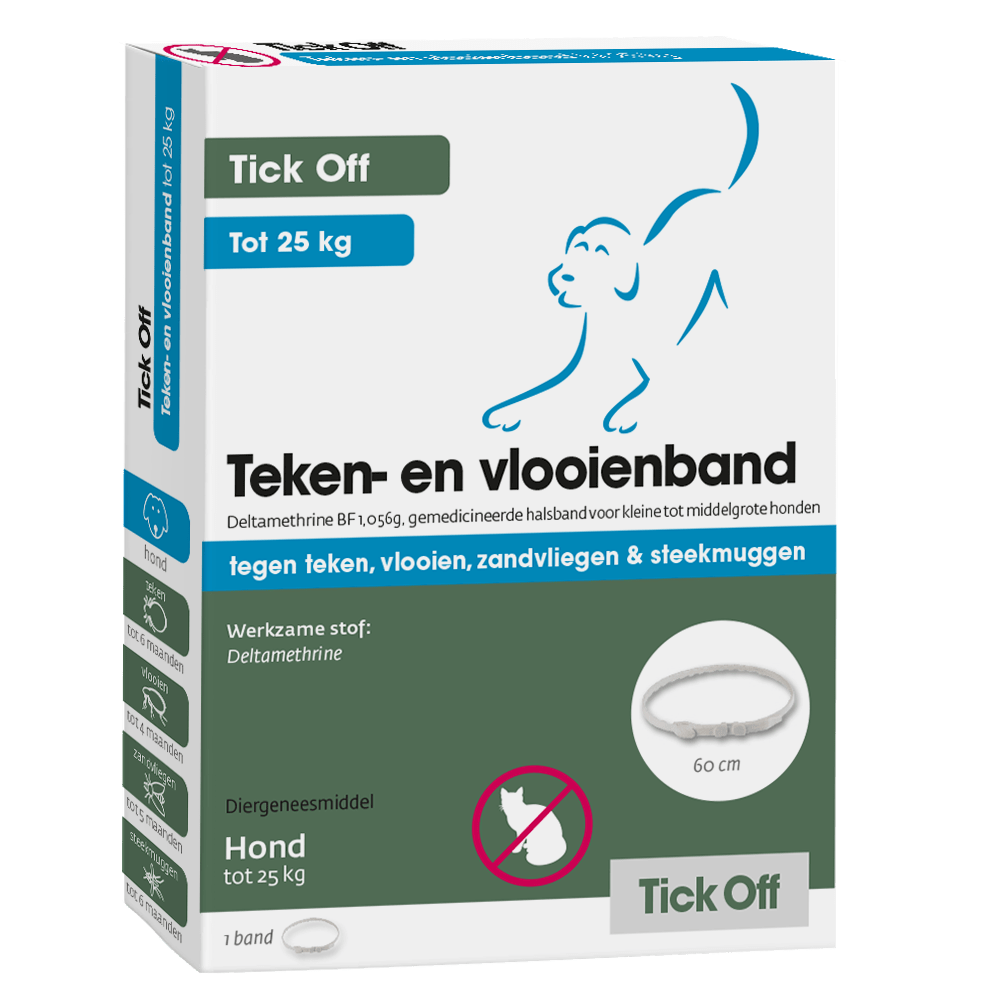 Tick Off Teken- en Vlooienband, een band met deltamethrine voor honden. Werkt tegen o.a. vlooien en teken