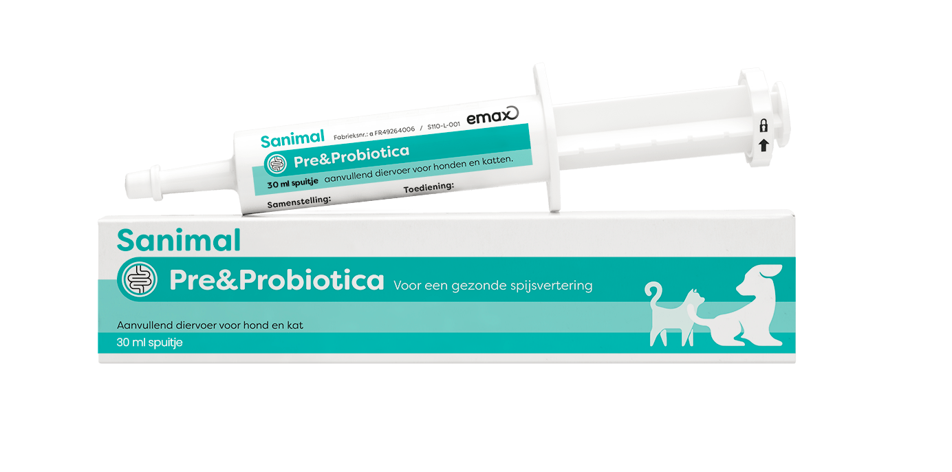 Sanimal Pre&Probiotica 30ml, voor een gezonde darmflora bij honden en katten. Van Emax