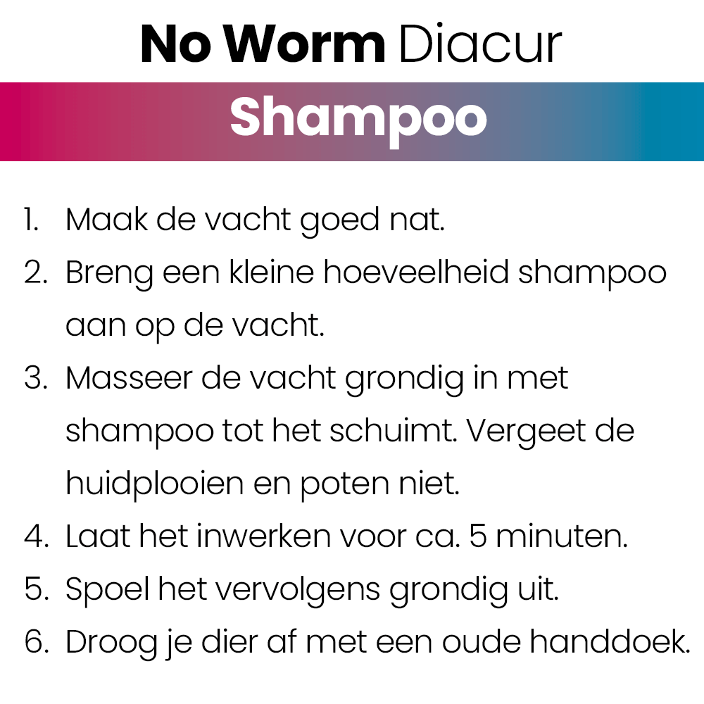 No Worm Diacur Shampoo helpt de huid beschermen tegen ongewenste micro-organismen. Het hydrateert de huid en vacht. www.emax.nl