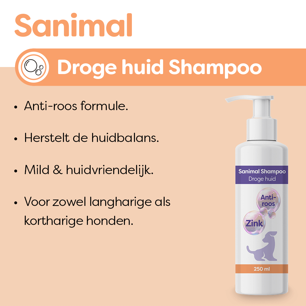 Sanimal Droge huid Shampoo is geschikt voor honden die last hebben van roos of van een droge huid. www.emax.nl