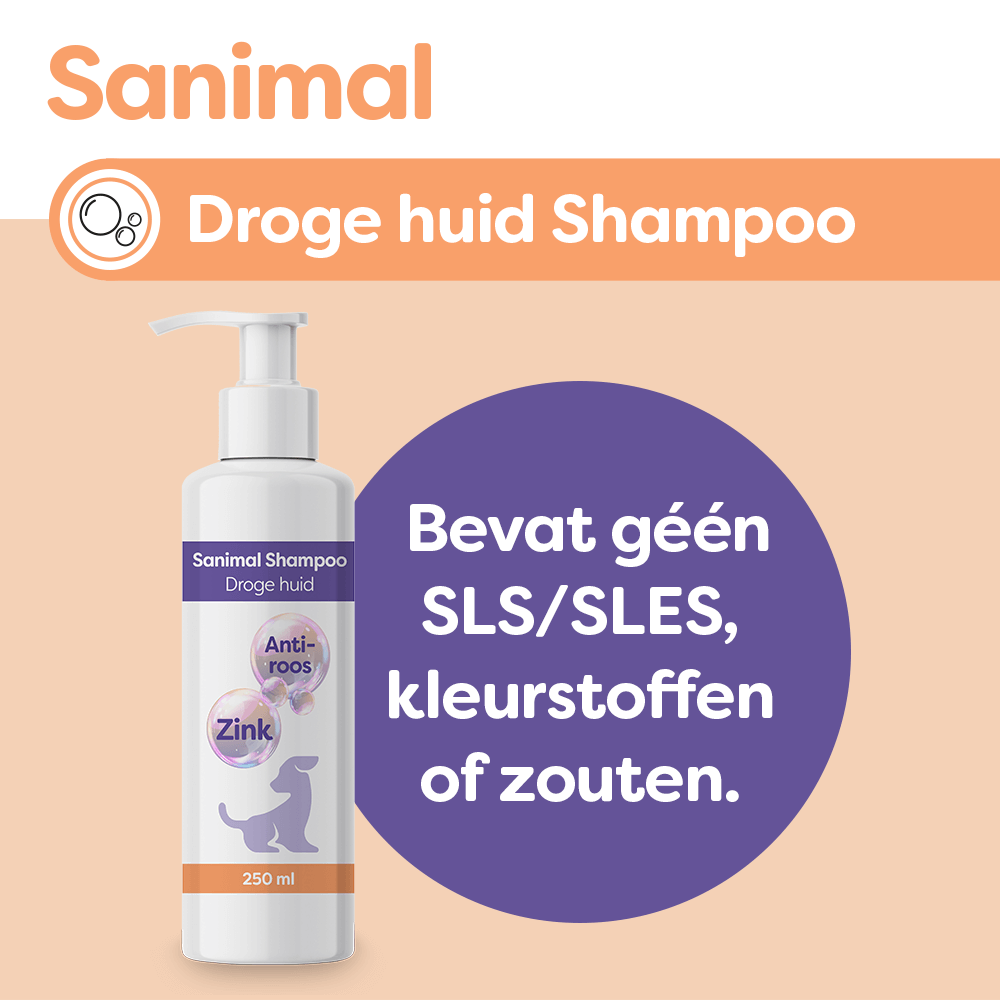 Sanimal Droge huid Shampoo is geschikt voor honden die last hebben van roos of van een droge huid. www.emax.nl