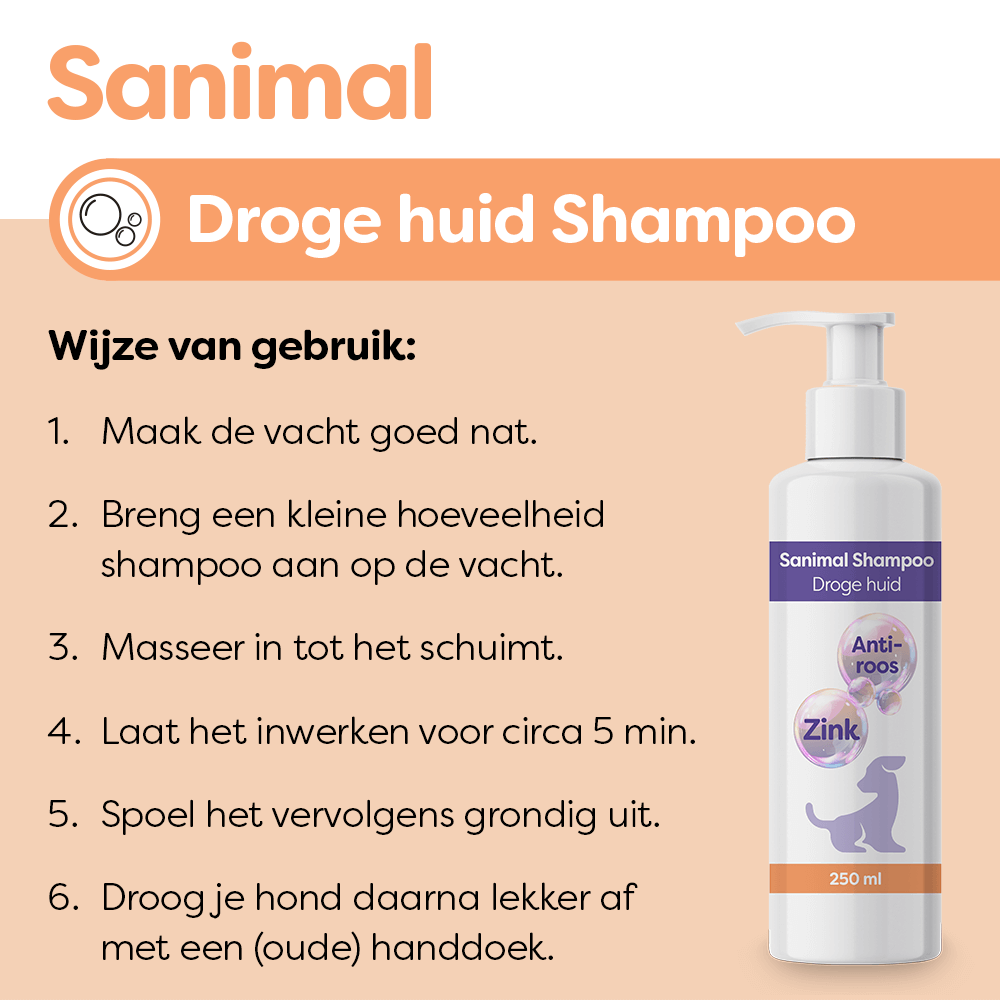Sanimal Droge huid Shampoo is geschikt voor honden die last hebben van roos of van een droge huid. www.emax.nl