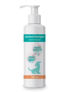 Sanimal Anti-kriebel Shampoo is geschikt voor honden met een gevoelige, geïrriteerde of kriebelende huid. www.emax.nl