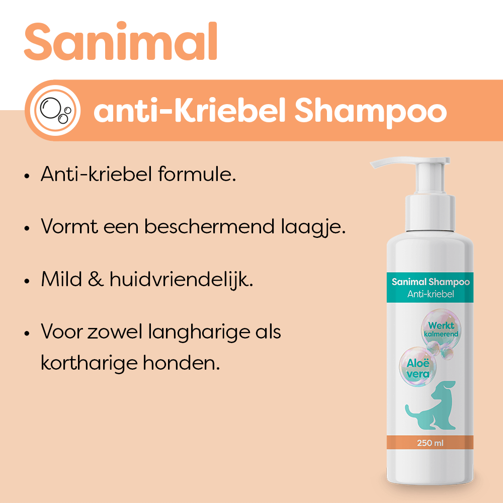 Sanimal Anti-kriebel Shampoo is geschikt voor honden met een gevoelige, geïrriteerde of kriebelende huid. www.emax.nl