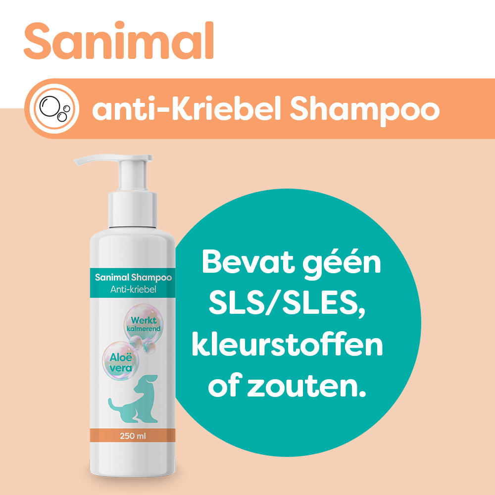 Sanimal Anti-kriebel Shampoo is geschikt voor honden met een gevoelige, geïrriteerde of kriebelende huid. www.emax.nl