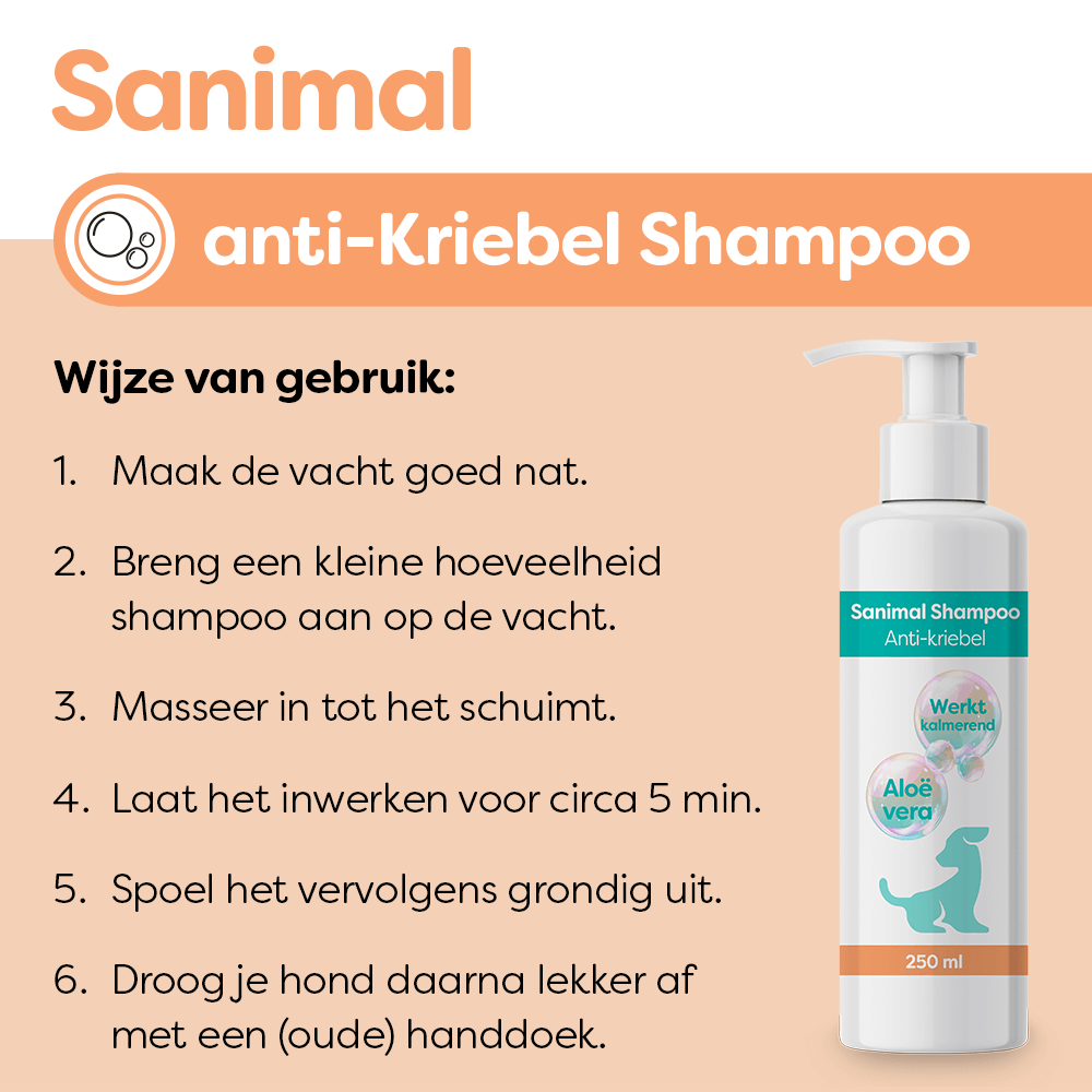 Sanimal Anti-kriebel Shampoo is geschikt voor honden met een gevoelige, geïrriteerde of kriebelende huid. www.emax.nl