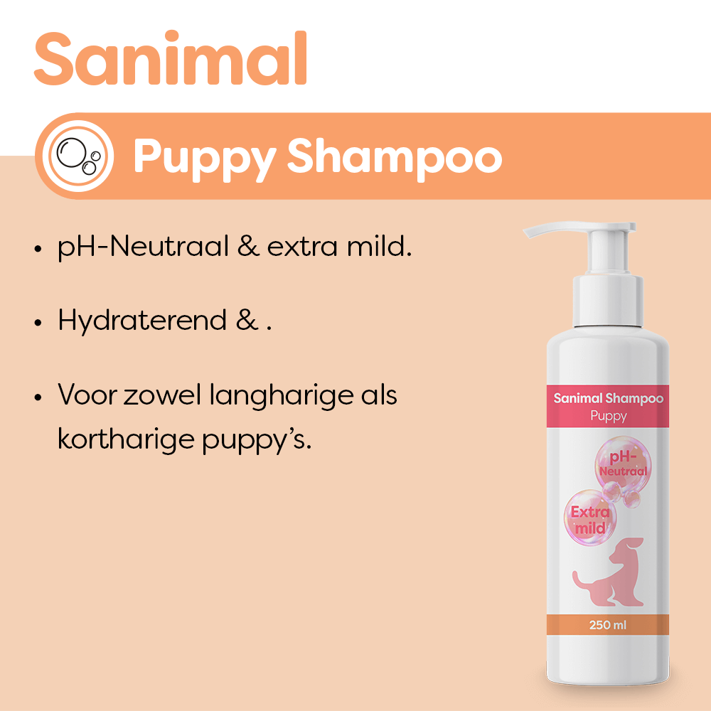 Sanimal Puppy Shampoo is extra mild voor puppy’s en verzorgt de beschermende huidbarrière. www.emax.nl
