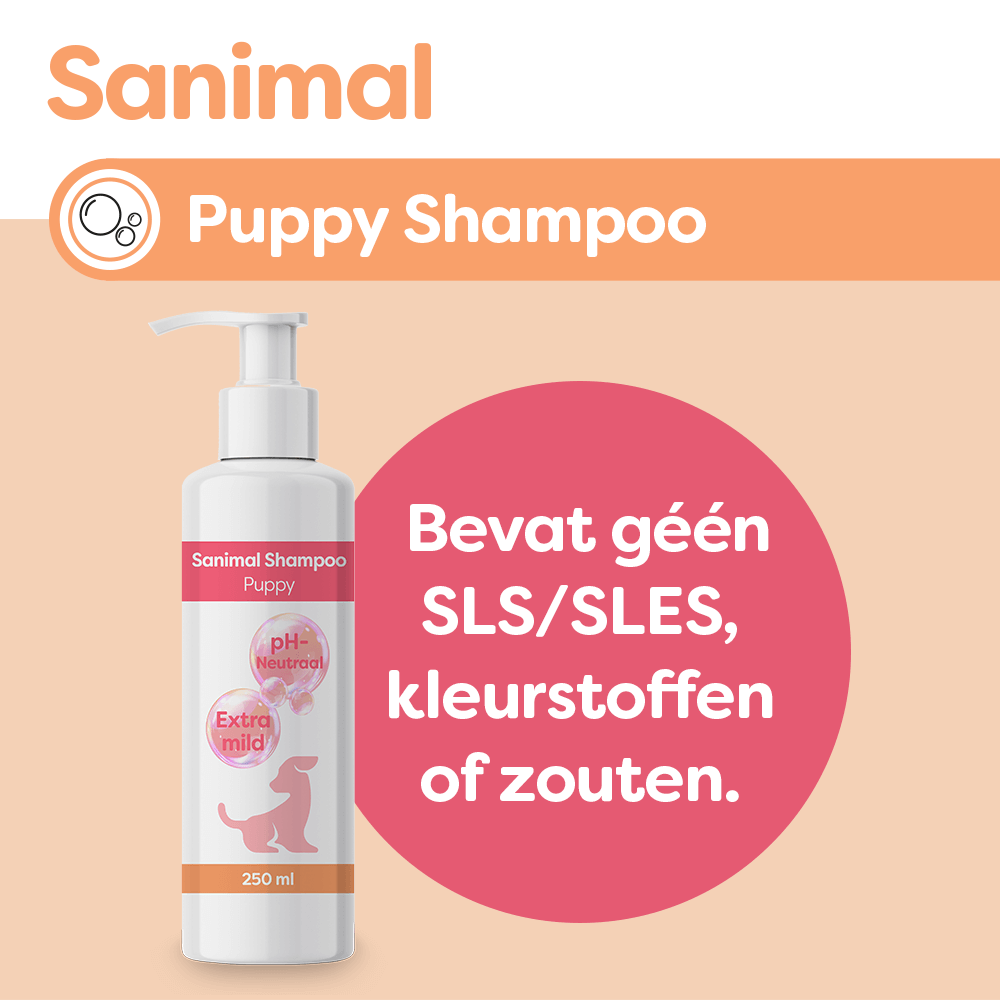 Sanimal Puppy Shampoo is extra mild voor puppy’s en verzorgt de beschermende huidbarrière. www.emax.nl